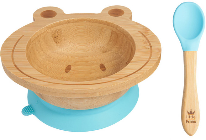 리틀프랑 개구리 이유식 대나무 흡착볼 + 실리콘 스푼 세트, 블루, 흡착볼 + 스푼, 1개
