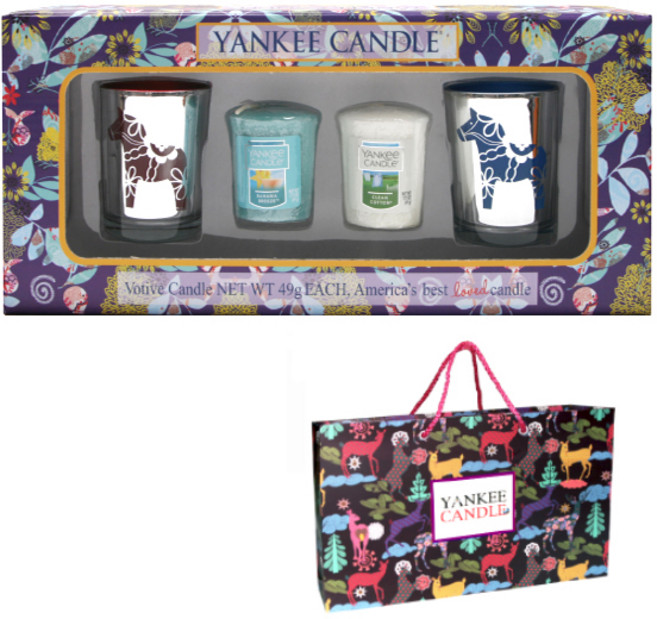 양키캔들 보티브 캔들 2종 + 스웨덴 포니 홀더 레드 + 블루 + 쇼핑백 세트, 바하마브리즈, 클린코튼