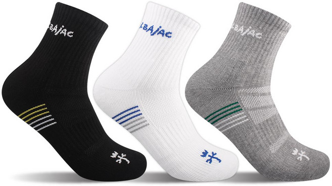 까스텔바작 남성용 쿠션 압박 중목양말 3족 세트, 블랙 + 화이트 + 그레이, 3개