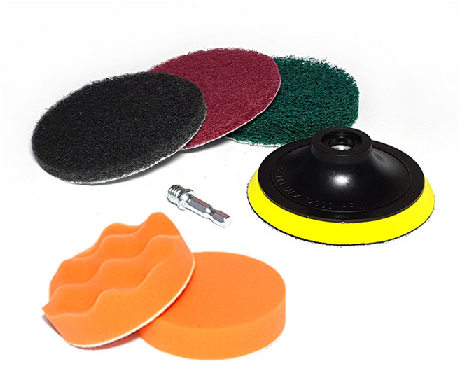 전동드릴용 청소 수세미 3종 x 75mm + 백업 패드 + 연결 어댑터 + 스펀지 패드 2종 세트, 회색, 적색, 녹색, 주황색, 1세트