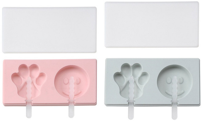 스마일 발바닥 실리콘 몰드 2구 x 2종 + 스틱 4p 세트, 블루, 핑크, 1세트