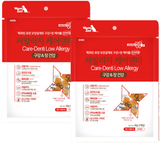 우리주 저알러지 케어덴티 덴탈껌 구강 & 장 건강 7p, 상세설명 참조, 85g, 2개