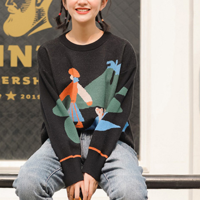 공블리 여성용 무드 소녀와 고양이 니트 CST1307