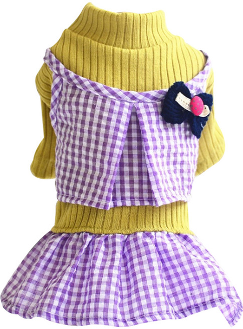알럽펫 반려동물 봄가을 드레스 체크 스웨터, 옐로우, 1개