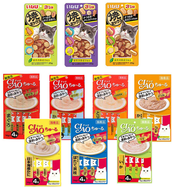 이나바 고양이 파우치 간식 야끼믹스 3p + 챠오츄르 7p, 랜덤발송, 1세트