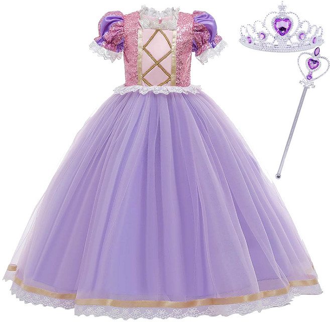 여아용 퍼플 볼륨샤 드레스 + 왕관 + 봉 세트