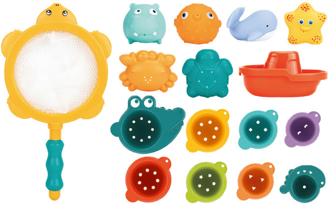 후앙어 행복한 친구 낚시 물뿌리개 컵 보트 목욕놀이 그물 16종 세트, 혼합색상, 1세트