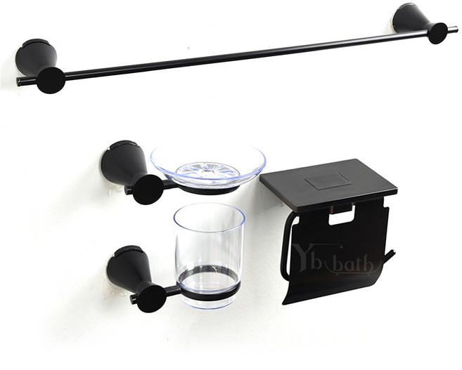 욕실 휴지걸이 + 비누받침대 + 수건걸이 + 양치컵 세트 YB-2400, 블랙, 1세트