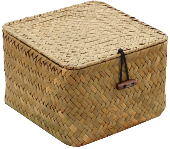 내일의공간 뚜껑 정사각 해초 라탄바구니, 네츄럴, 1개