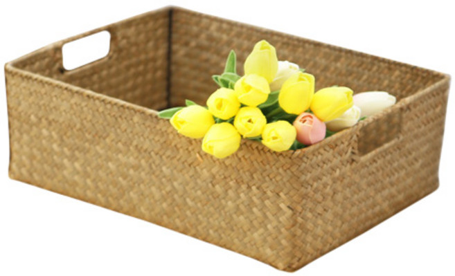 내일의공간 손잡이 사각 라탄 바구니, 네츄럴, 1개