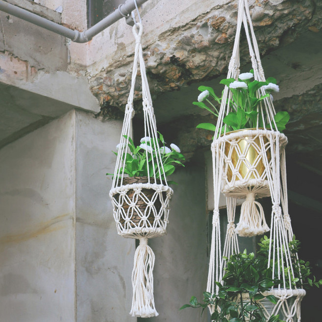 팅클유 마크라메 플랜트행잉 화분 미디엄 1단, 화이트 아이보리