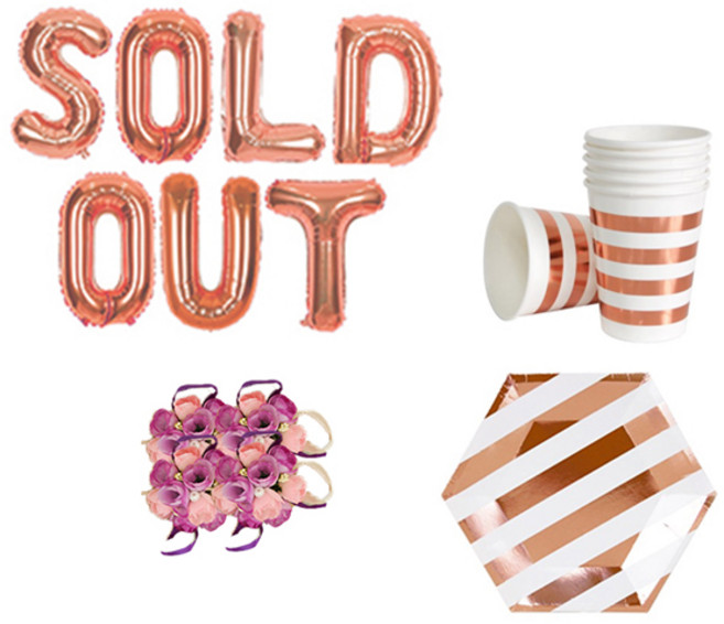 브라이덜샤워 소품 패키지 SOLD OUT 풍선 로즈 + 꽃팔찌 미니로즈 퍼플 4p + 테이블웨어 로즈골드, 혼합색상, 1세트