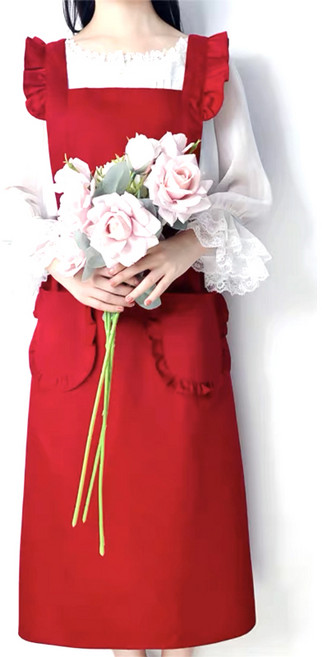 마이워니 원피스형 프릴 롱 에이프런 앞치마 + 두건, 레드, 1세트