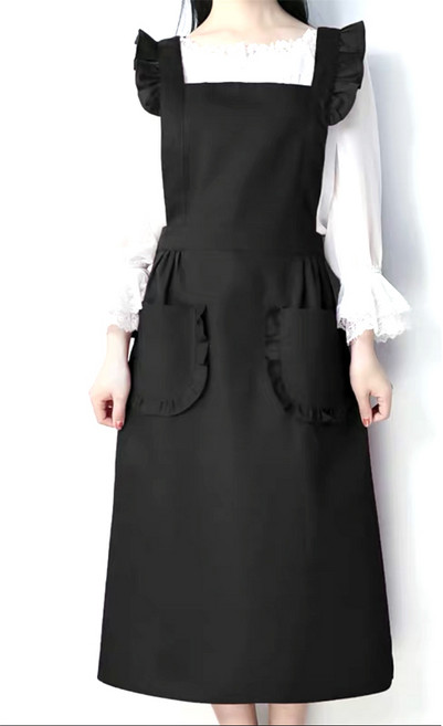 마이워니 원피스형 프릴 롱 에이프런 앞치마 + 두건, 블랙, 1세트