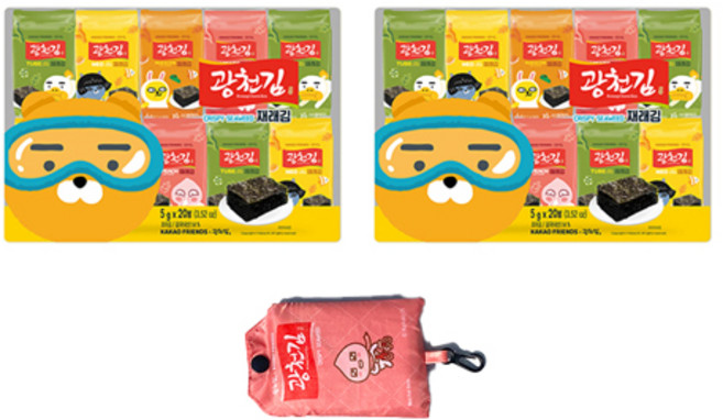 광천김 카카오프렌즈 재래 도시락김 5g x 40p + 장바구니 랜덤발송, 40개