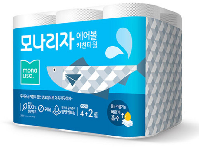 모나리자 에어볼 천연펄프 롤 키친타올, 150매, 6개