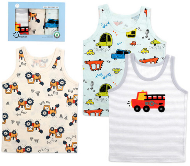 메이키즈 남아용 붕붕이 오가닉 편면 런닝 3종 세트