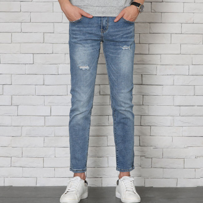 위드진 남성용 슬림일자 구제 시크릿밴딩 9부 청바지 FJ945