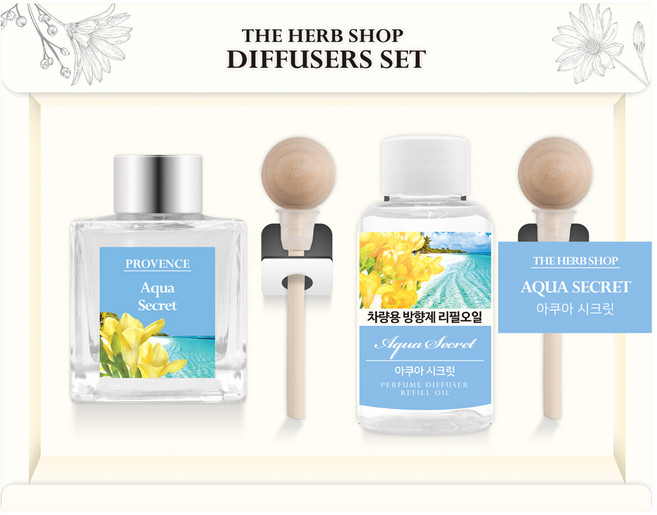 더허브샵 차량용 디퓨져 본품 50ml + 리필 50ml 선물세트, 아쿠아시크릿, 1세트