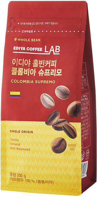 이디야커피연구소 콜롬비아 슈프리모 원두, 홀빈(분쇄안함), 200g, 1개