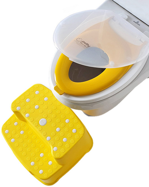 포띠즈 크린 유아겸용 변기커버 중대형 공용 + 논슬립 와이드 2단 디딤대, 투명펄 옐로우