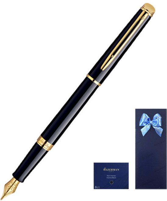 워터맨 뉴헤미스피어 GT 만년필 + 카트리지 롱사이즈 8p 기프트 세트, F, 락카블랙