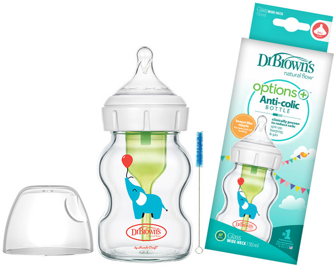 닥터브라운 엘리펀트 데코 와이드넥 유리 졎병 + 세척솔, 혼합색상, 150ml, 1개