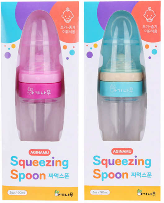 아기나무 짜먹스푼 이유식 실리콘 젖병 숟가락, 에메랄드, 핑크, 2개