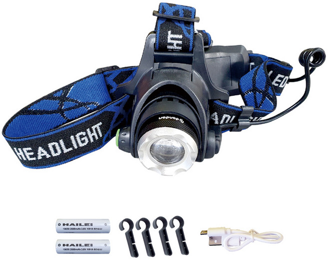 dandan 헤드랜턴 + 18650 배터리 2p + 마이크로 5핀 케이블 + 안전모걸이4p 세트, 혼합색상, 1세트