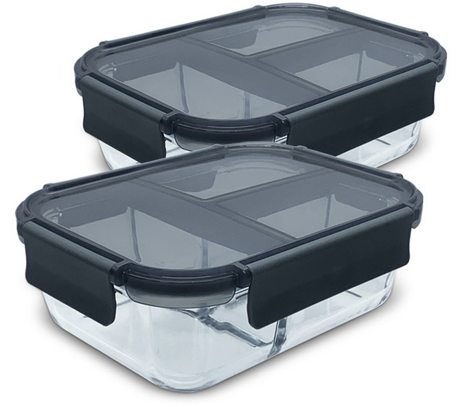 미르코리아 뉴락 내열 오븐글라스 용기 직사각 3칸, 2개, 1.04L