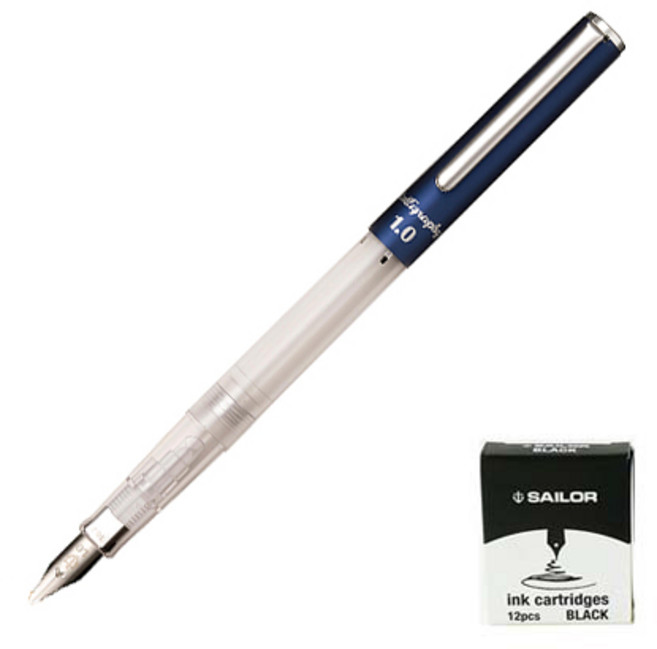 세일러 하이에이스 네오 클리어 칼리그래피 만년필 + 잉크카트리지 검정 14p, 1mm, 블루