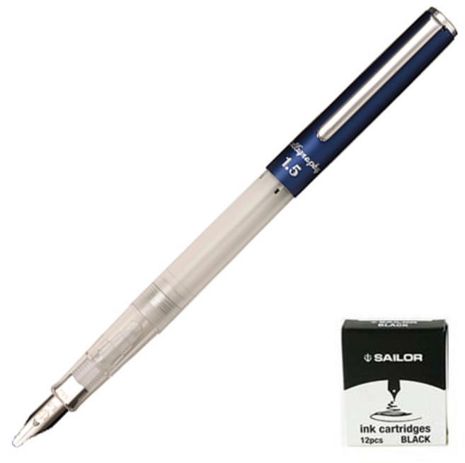 세일러 하이에이스 네오 클리어 칼리그래피 만년필 + 잉크카트리지 검정 13p, 1.5mm, 블루
