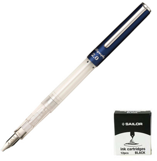 세일러 하이에이스 네오 클리어 칼리그래피 만년필 + 잉크카트리지 12p, 2mm, 블루(만년필), 블랙(잉크카트리지)