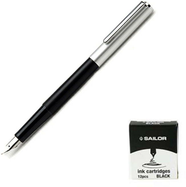세일러 하이 에이스 네오 만년필 + 잉크카트리지 12p, F, 블랙(만년필), 블랙(잉크)