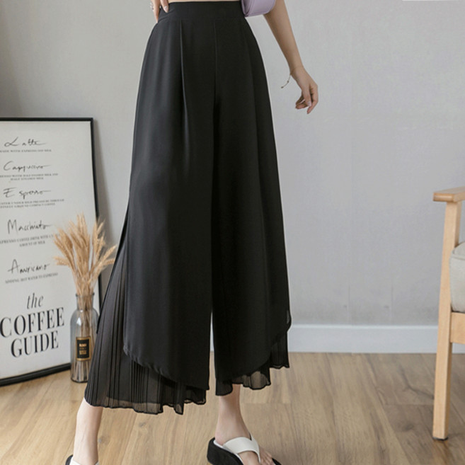 페이퍼먼츠 여성용 편안한 데일리 캐주얼 루즈핏 포인트 주름 쉬폰 와이드 9부 팬츠 13787