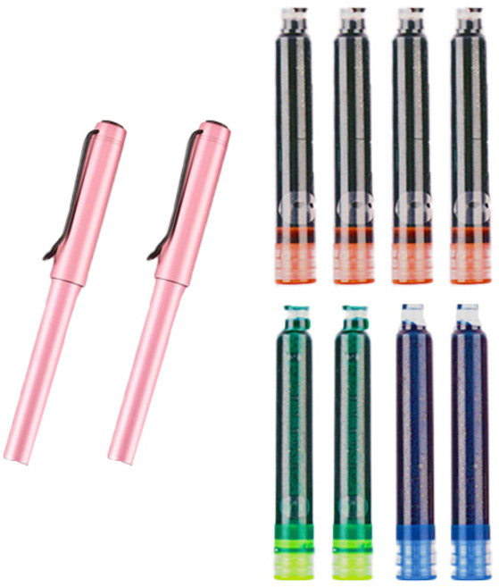 동그라미 만년필 2p + 카트리지 블랙 4p +파랑 2p + 그린 2p 세트, F, 핑크(만년필)