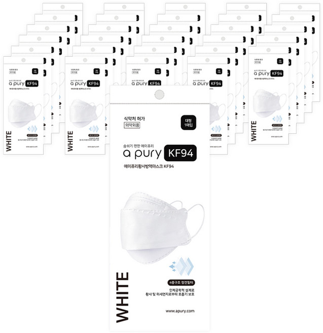 에이퓨리 황사 방역 마스크 화이트 대형 KF94, 50개, 1매입