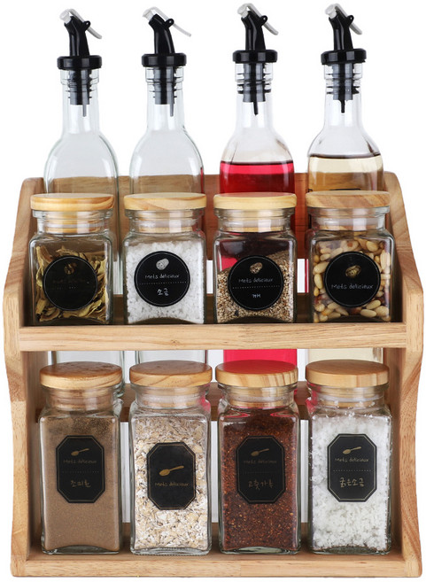 100SU 유리 양념병 오일병 혼합 피아노 선반 우드뚜껑 세트, 1세트, 양념병 대 4p + 소 4p + 오일병 4p + 선반 + 라벨스티커 5p