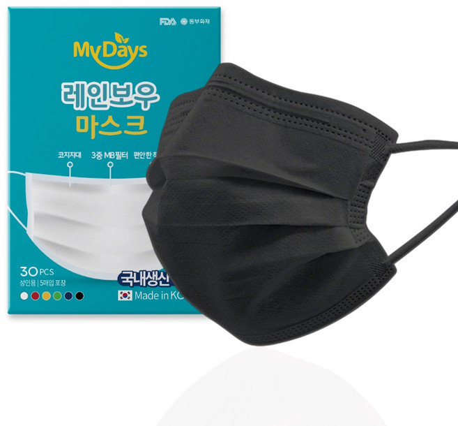 마이데이즈 MB필터 레인보우 일회용 컬러 덴탈 마스크 중형 M, 3개입, 10개, 티타늄블랙