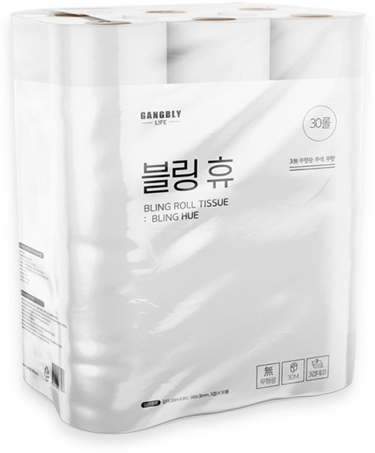 강블리라이프 블링 휴 3겹 재생펄프 롤화장지 30m, 1개, 30롤