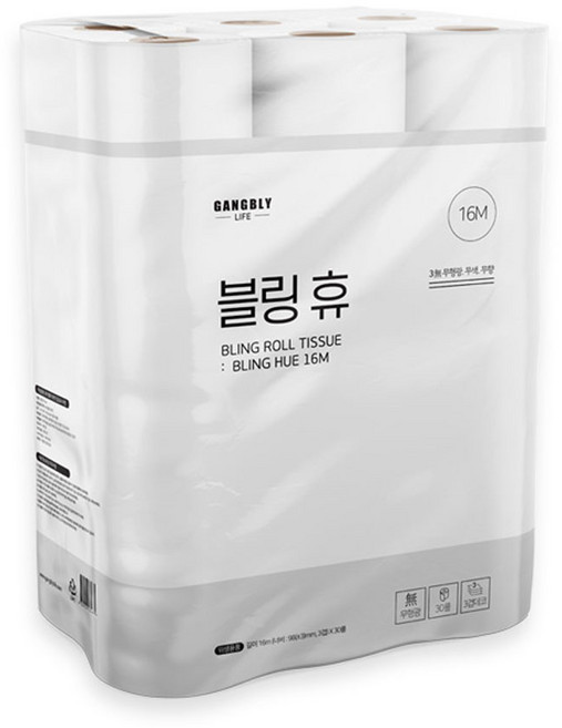 강블리라이프 블링 휴 3겹 재생펄프 롤화장지 16m, 1개, 30개입