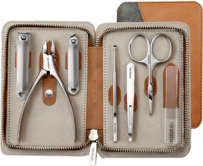MR.GREEN Mr. Green 不鏽鋼美甲護理7件全套組 + 高級收納包 MR6606, 棕色(收納包), 1套