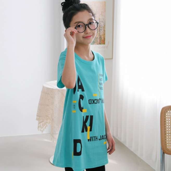 잭키드 여아용 통기성 리쉬 반팔 롱 라운드 티셔츠