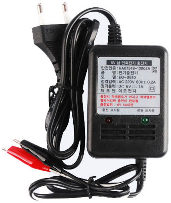 이오전자 연축전지 6V 1A 배터리 자동충전기 EO-0610, 1개, 8cm