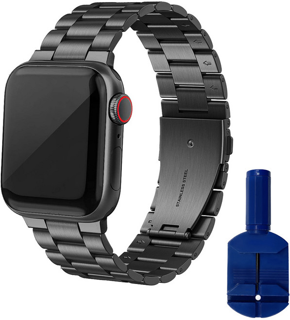 디지지 애플워치3/4/5/6/SE 솔리드 메탈 체인 밴드 42~44mm 호환 + 스트랩 조절기, 블랙, 색상랜덤발송(조절기)