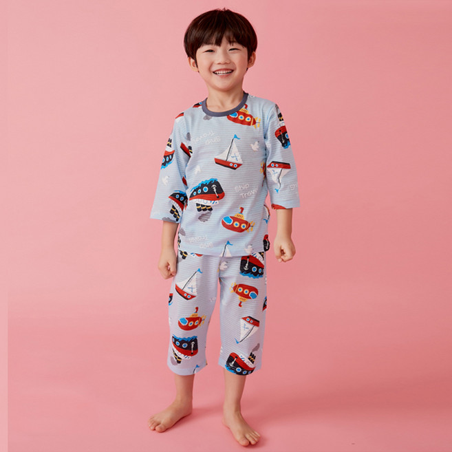 올로미미 남아용 배 여행 오가닉 7부 자카드 실내복 세트 옆트임