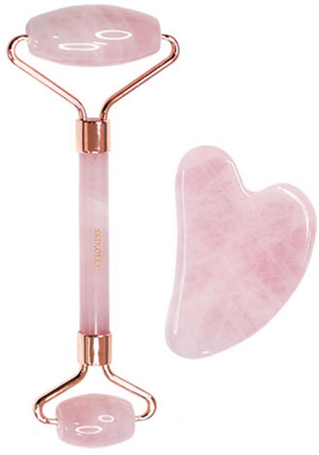 스킨올리 로즈쿼츠 페이스롤러 + 하트 괄사, 1세트, 혼합색상