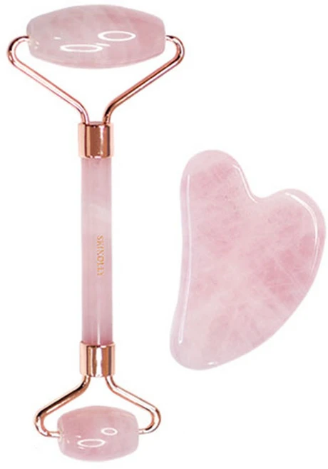 스킨올리 로즈쿼츠 페이스롤러 + 하트 괄사, 1세트, 혼합색상 - 쿠팡