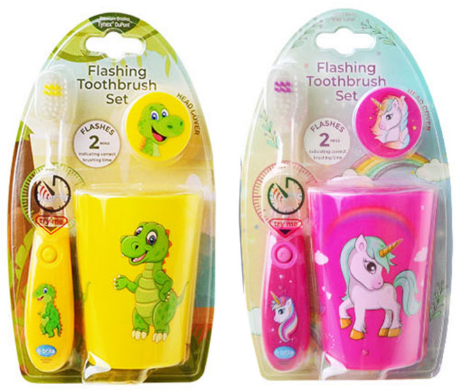 비브라이트 LED 타이머 칫솔 양치컵홀더 3종 세트 옐로디노 + 퍼플유니콘, 2세트