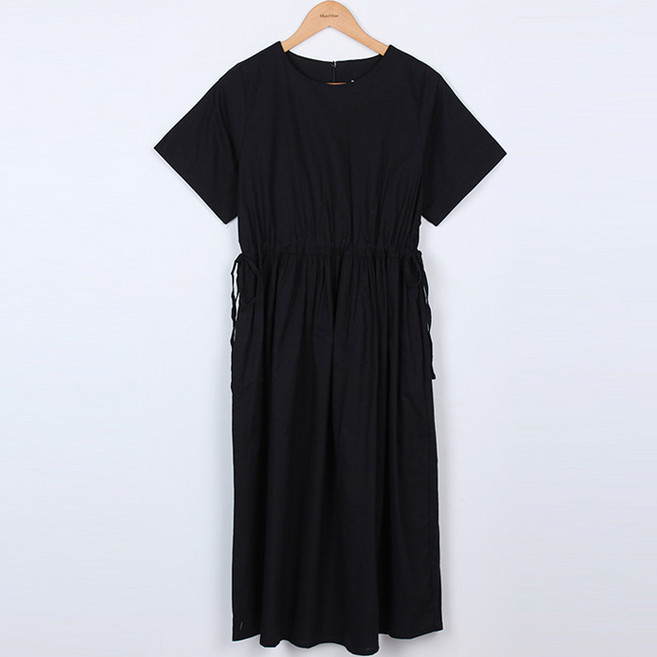빼빼 여성용 통기성 셔링스트링 린넨 롱원피스